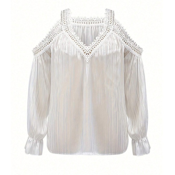 Boho White Lace Cold Shoulder Striped Loose Fit Blouse - Picture 2 of 5